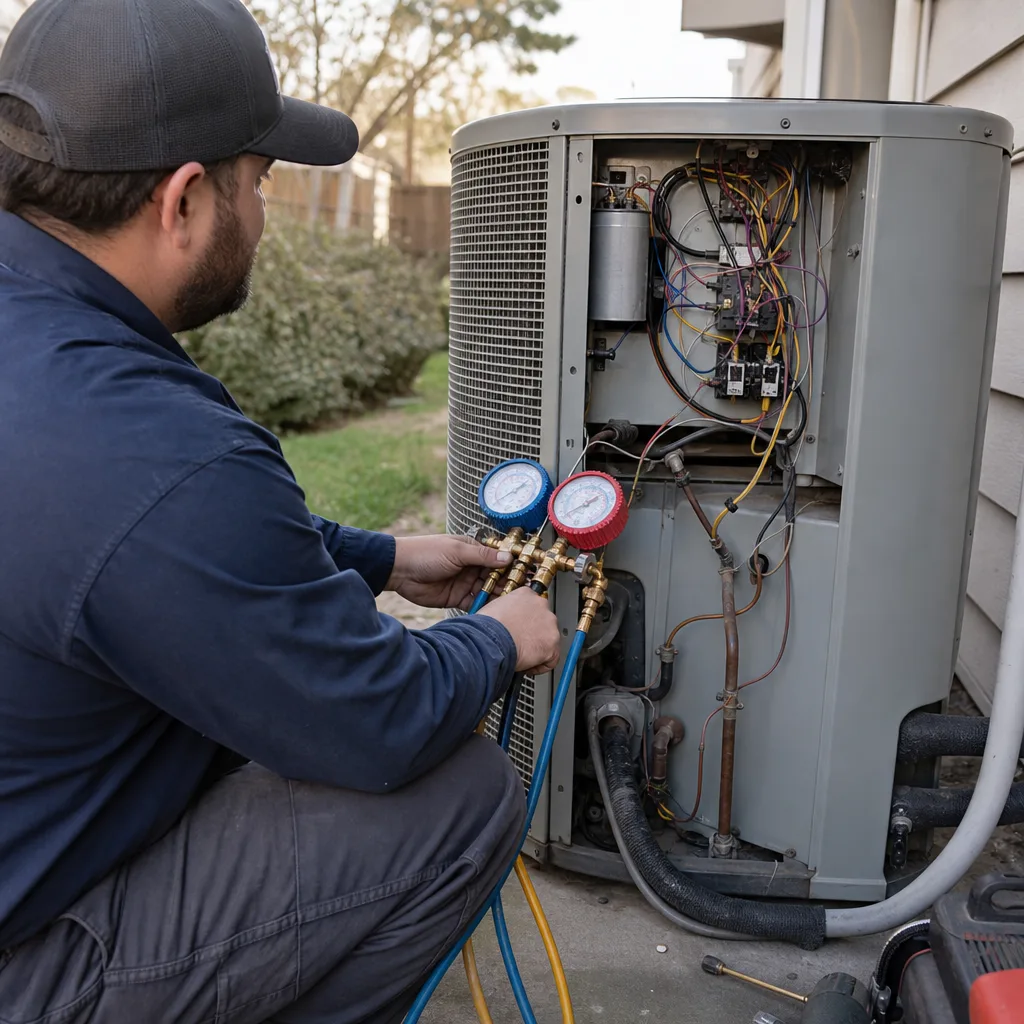 HVAC technician performing professional air conditioning system repair and maintenance