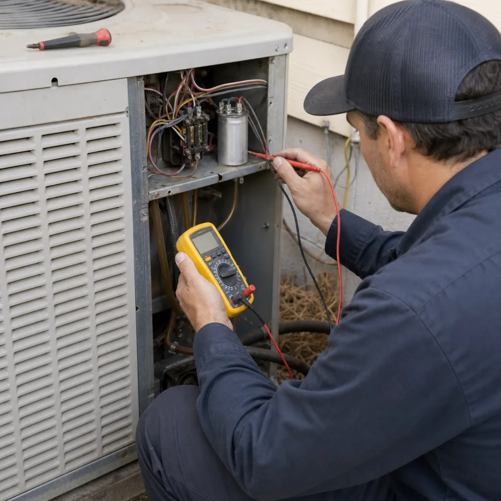 HVAC technician using a multimeter to perform AC repair on unit