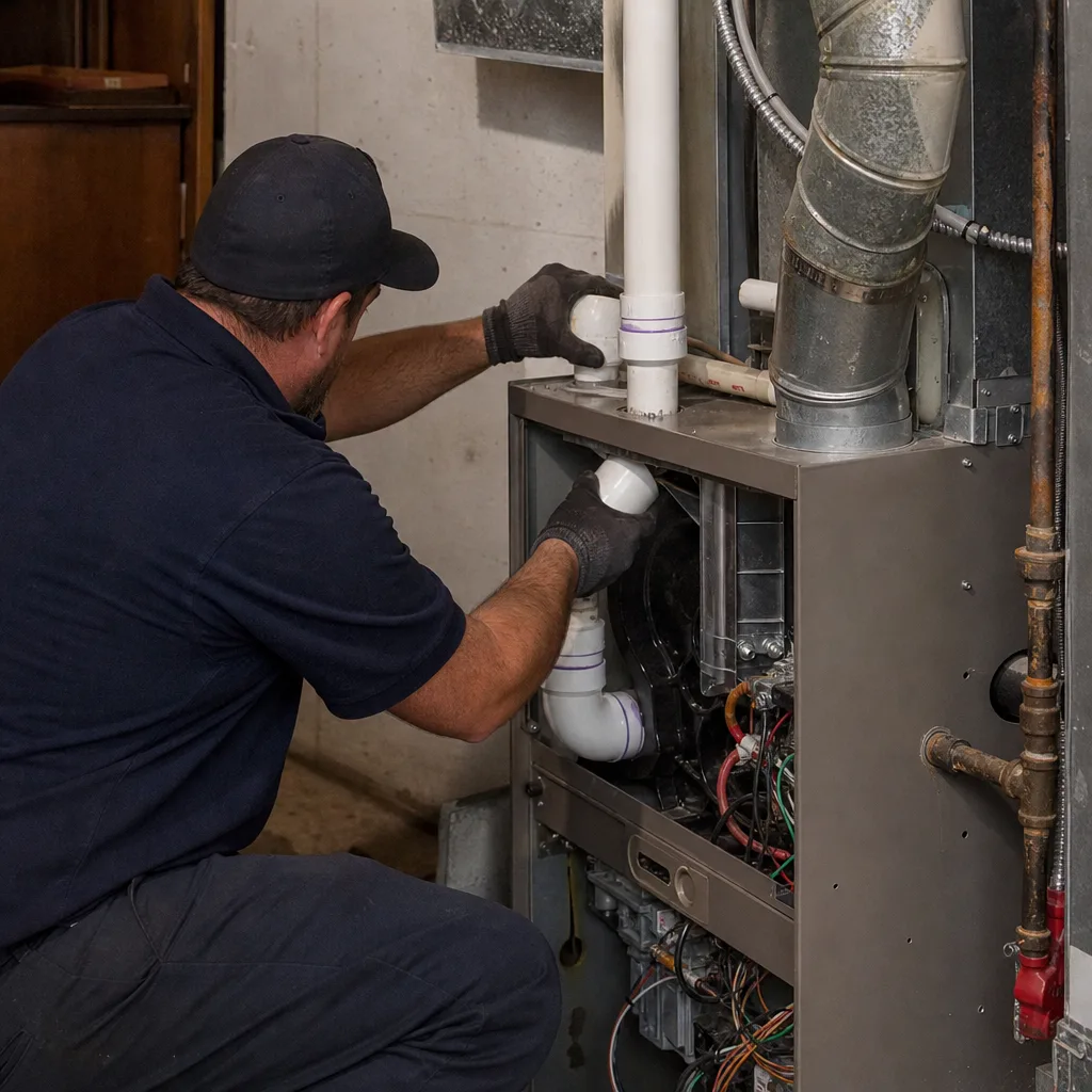 HVAC technician repairing a residential furnace in a basement in Sacramento, CA