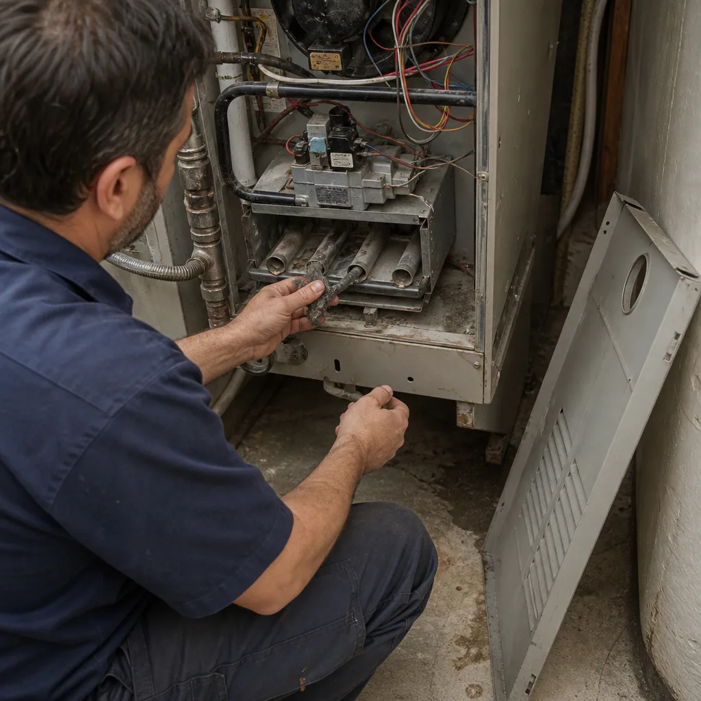 HVAC technician performing maintenance and cleaning on an open furnace unit